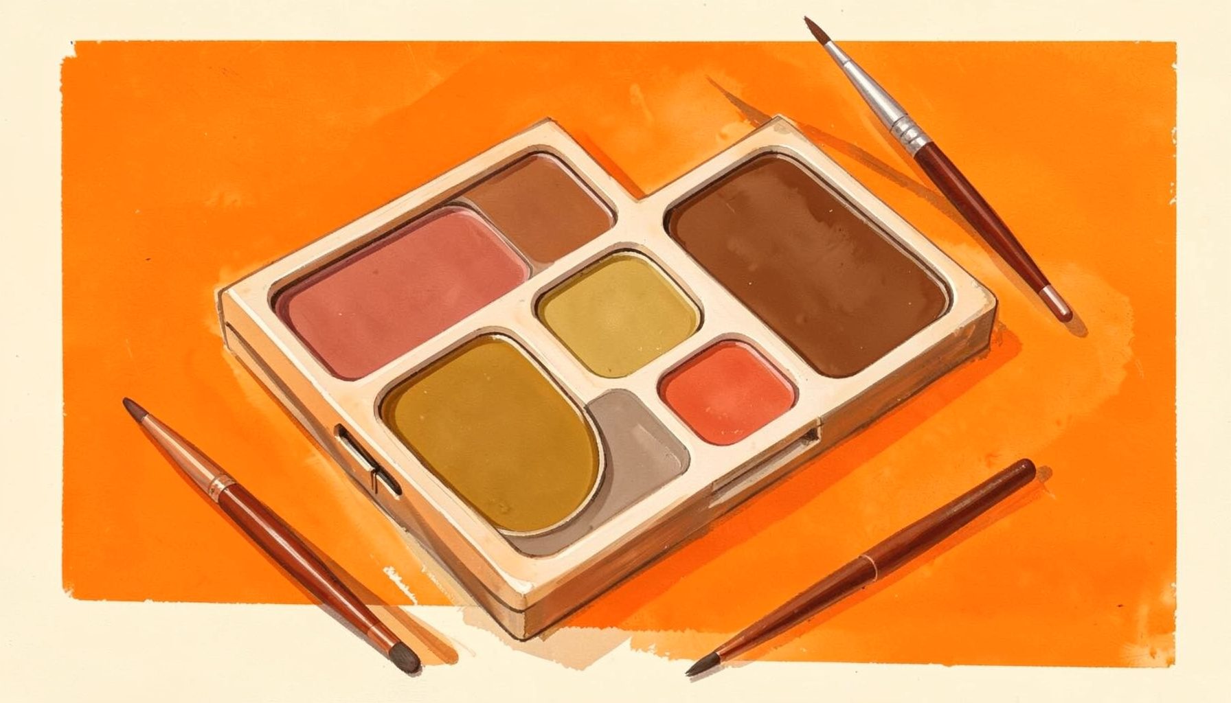 Peinture gouache mate d'une palette de fards à paupières aux tons chauds — cuivré, doré, terracotta — posée sur un fond crème doux, avec des pinceaux fins éparpillés autour.