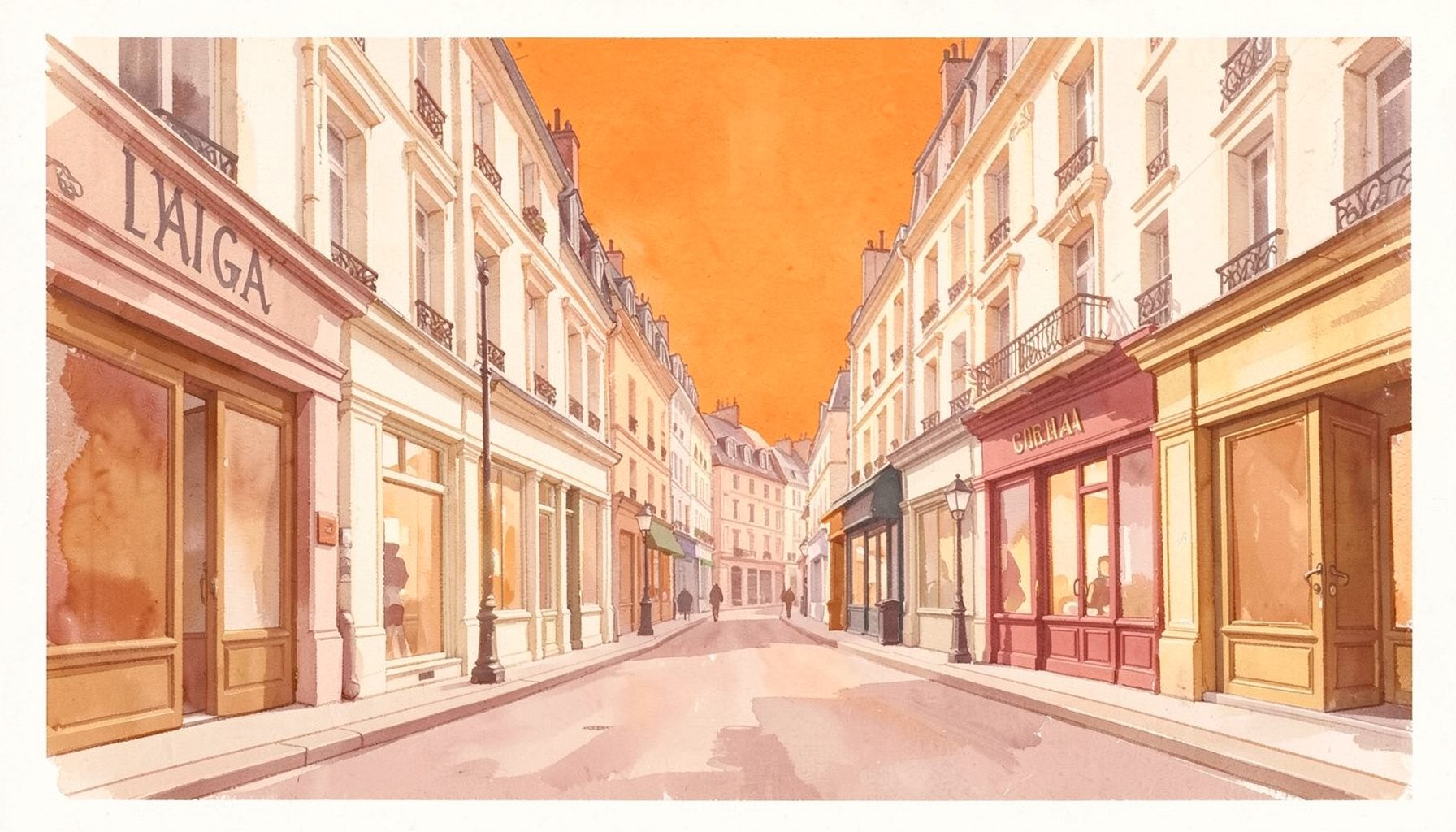 Peinture gouache mate d'une rue parisienne bordée de boutiques aux façades crème et dorées, ambiance chaleureuse et élégante, tons beige rosé et terracotta doux.