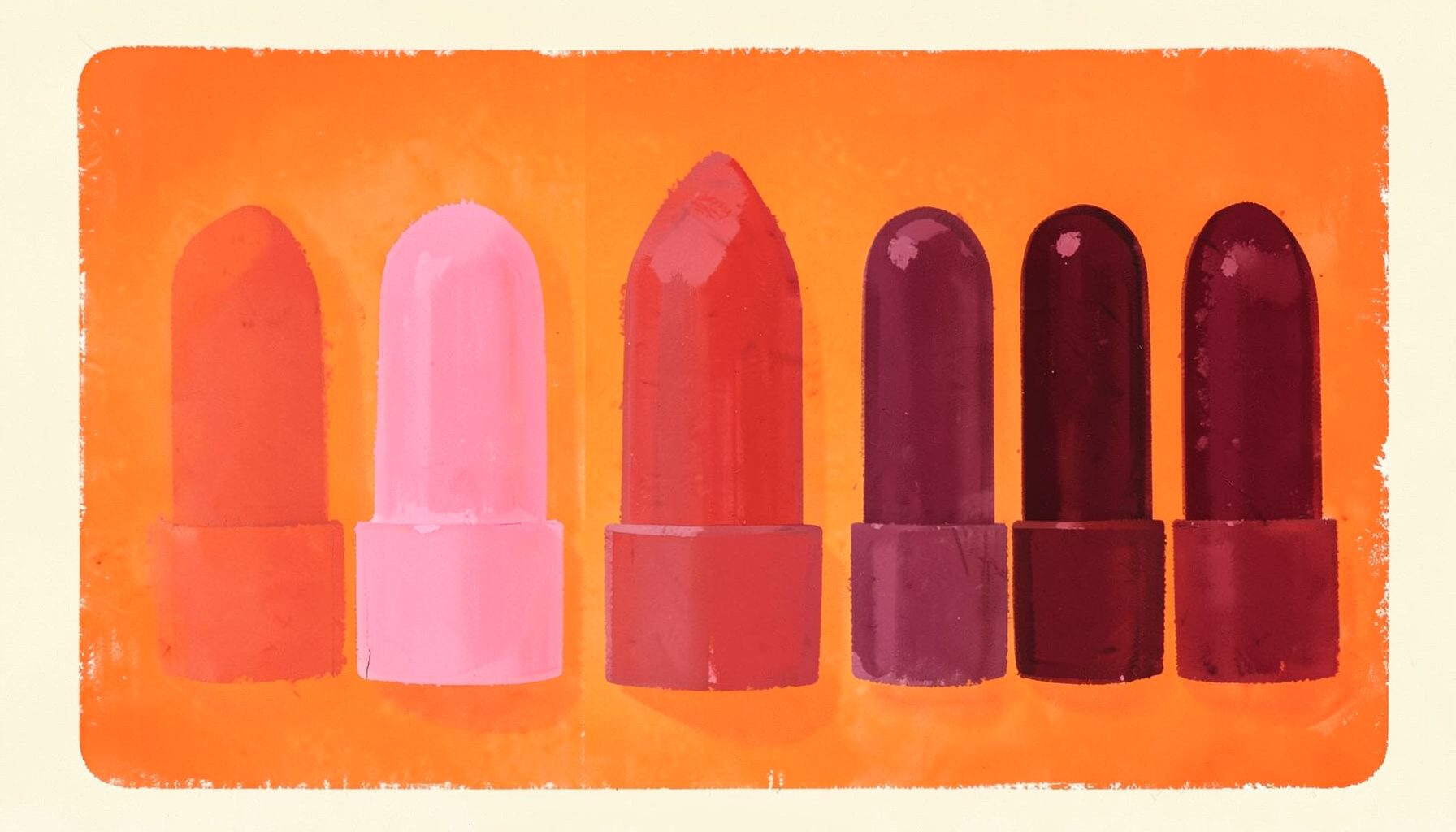 Peinture gouache mate de rouges à lèvres dans des tons rose poudré, corail et bordeaux, alignés sur un fond crème chaleureux.