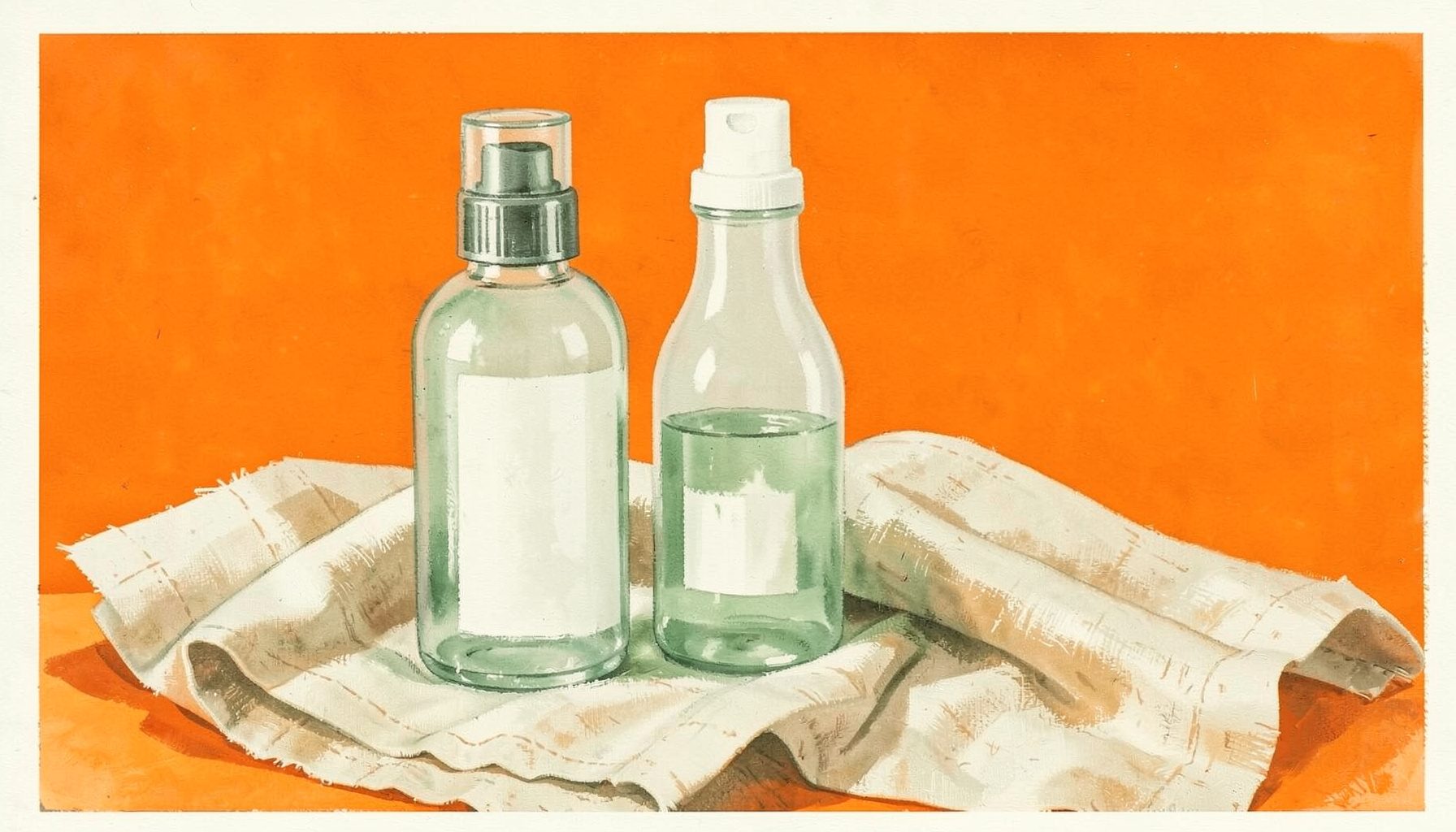 Peinture gouache mate de flacons de sérum et crème hydratante aux tons blanc cassé et vert sauge, posés sur un linge en lin naturel.