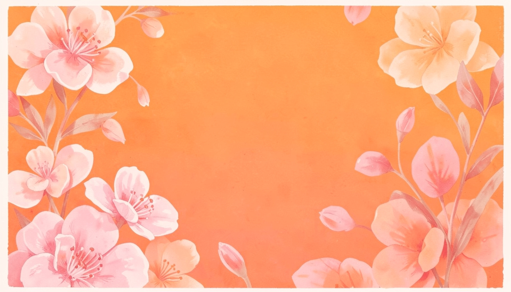 Peinture gouache mate d'un fond floral aux tons pêche, rose poudré et corail, avec des pétales doux éparpillés sur un dégradé chaud évoquant un printemps romantique.