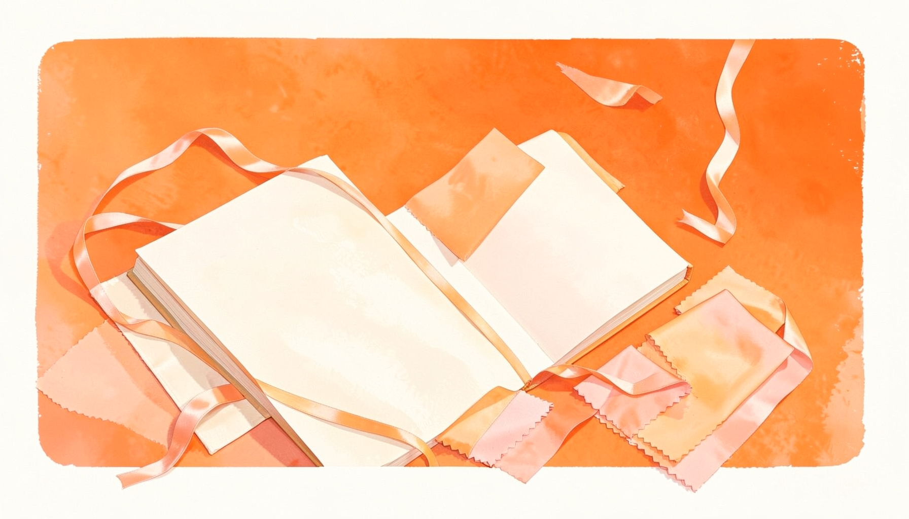 Composition douce aux tons pêche et crème avec des rubans de satin, un carnet ouvert et des échantillons de tissu éparpillés sur un fond clair.