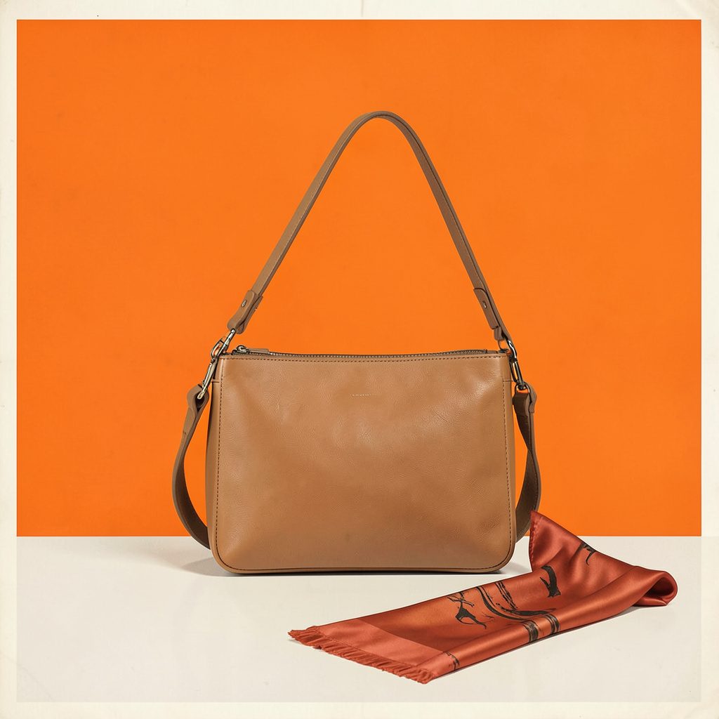 Sac en cuir camel à bandoulière fine, posé sur une surface claire avec un foulard en soie à côté.
